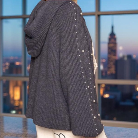 POL Hoodie With Pearls Grey Hooded Sweater with Pearl Accents New Boutique - Picture 2 of 16
